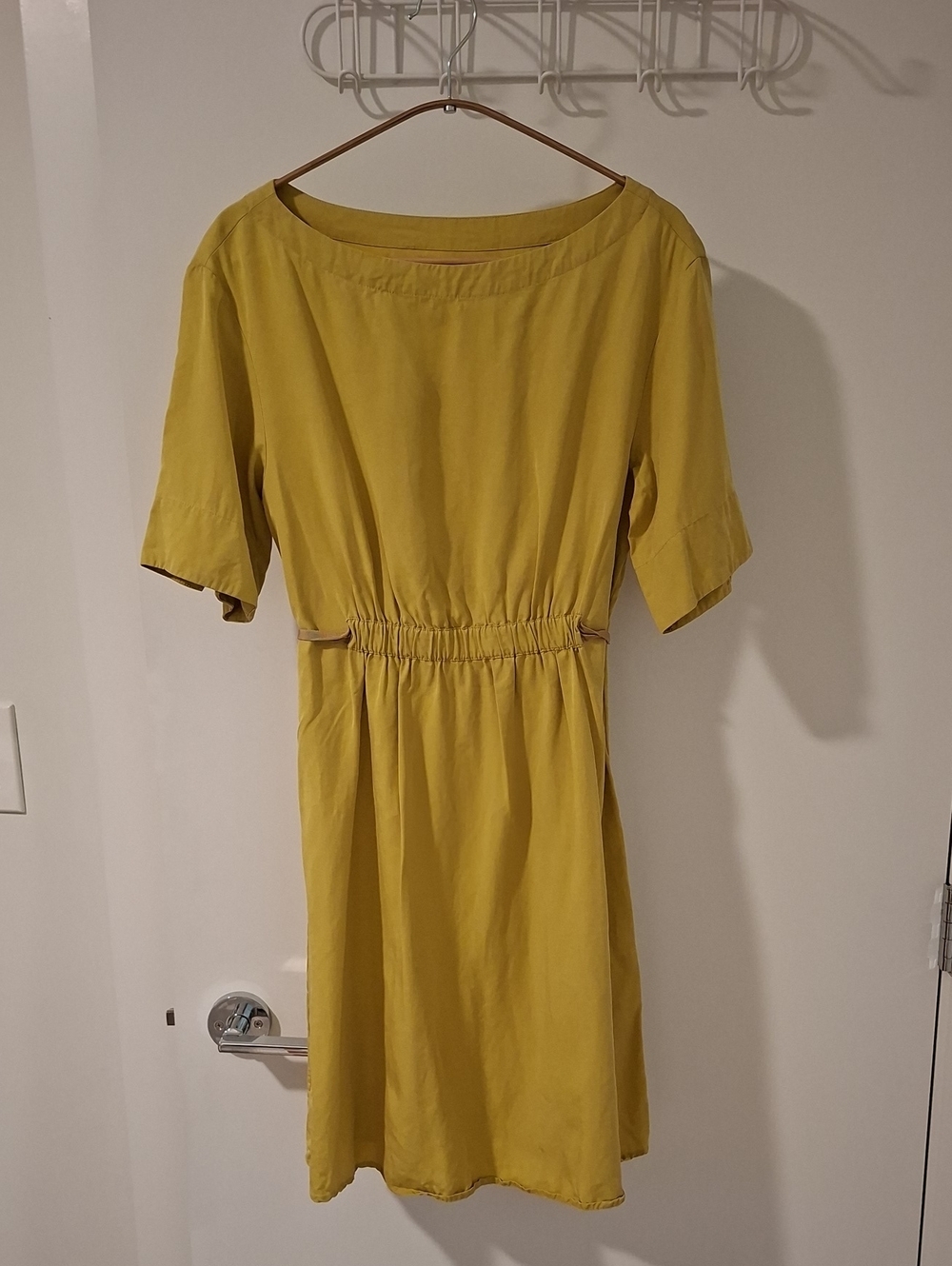 Mustard Tencel & Linen Boat-neck Tie-waist Shift/Tunic Mini Dress (Size L)